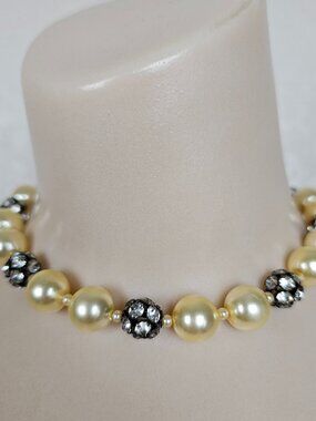 Vintage Yellow Faux Pearl Crystal Glass Bead Rhinestone Rondelle Choker Necklace